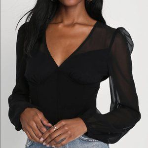 Lulu's Black V-Neck Corset Top with Sheer Balloon Long Sleeves - New With Tags